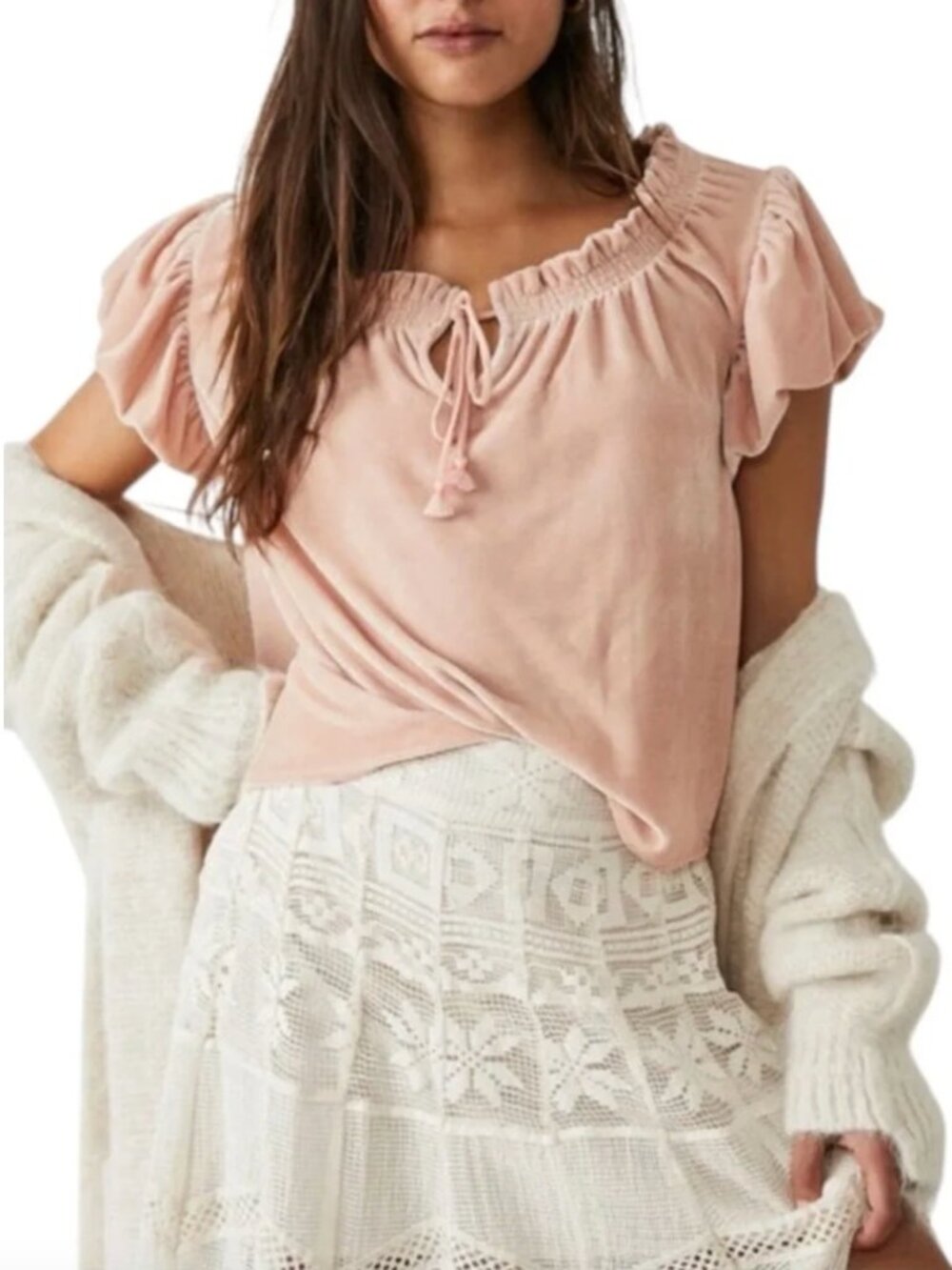 Free People | Terese Top Pink Velvet Short Puff Sleeves | Size Small